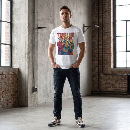 Full-body shot of model in industrial loft showcasing confidence, soft cotton fabric, and street culture style T-shirt.