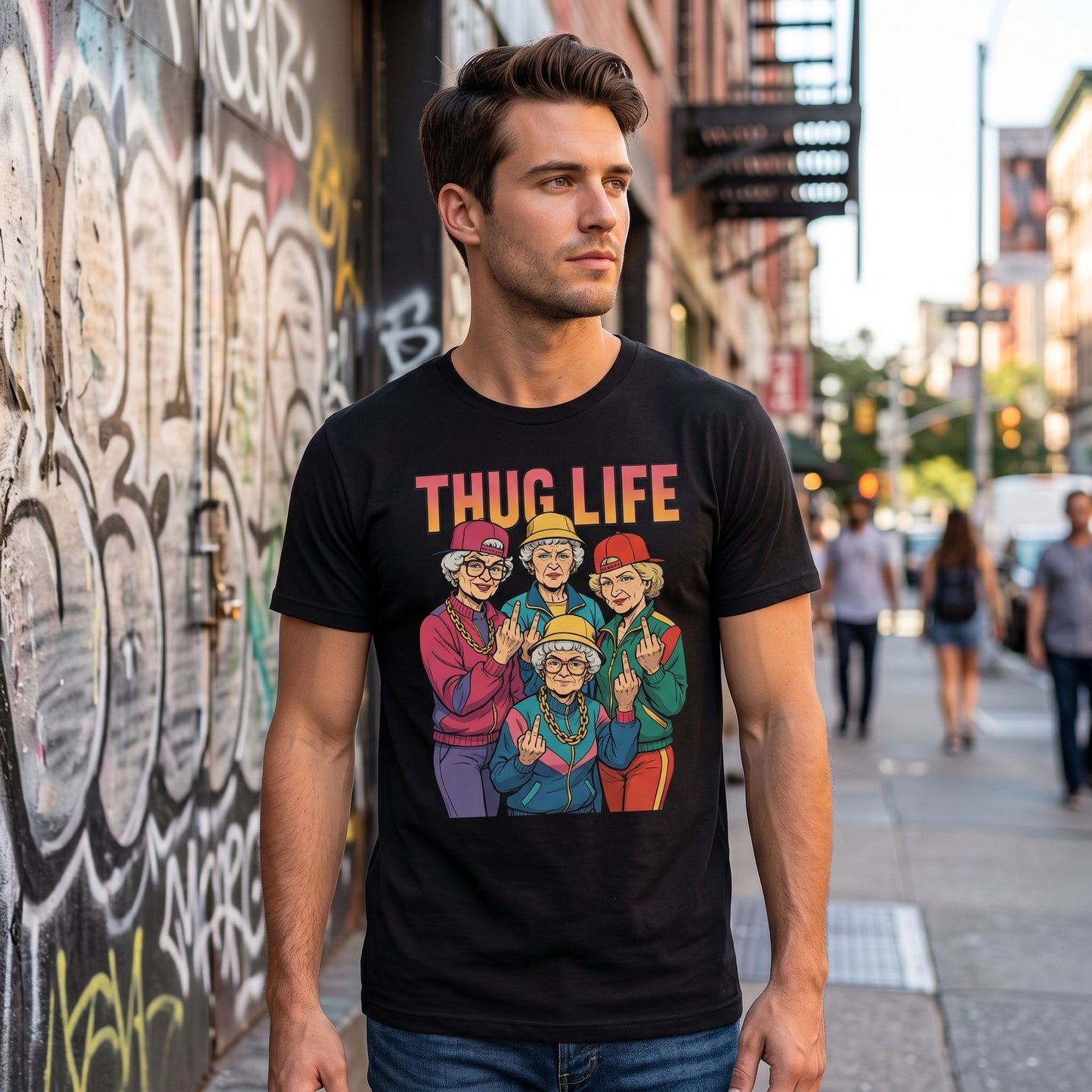 Model wearing golden thug life T-shirt in urban street scene highlighting bold design and cotton texture.