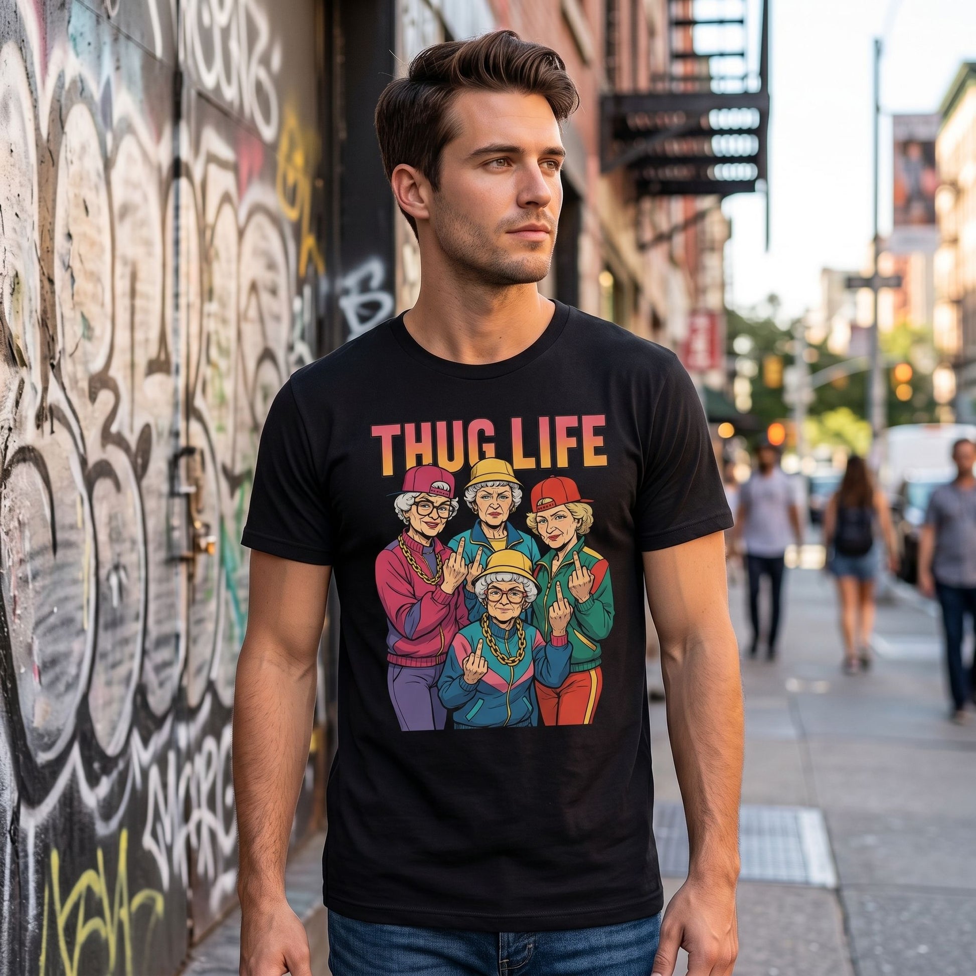 Model wearing golden thug life T-shirt in urban street scene highlighting bold design and cotton texture.