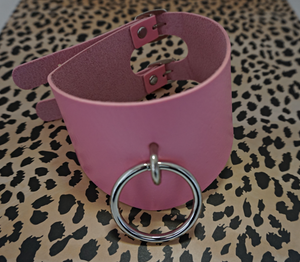 Thick Pink Leather Choker with Ring
