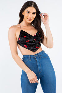 SLEEVELESS CHERRY PRINTED VELVET CROP TOP WITH OPEN BACK AND CRISSCROSS DETAIL
