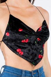 SLEEVELESS CHERRY PRINTED VELVET CROP TOP WITH OPEN BACK AND CRISSCROSS DETAIL